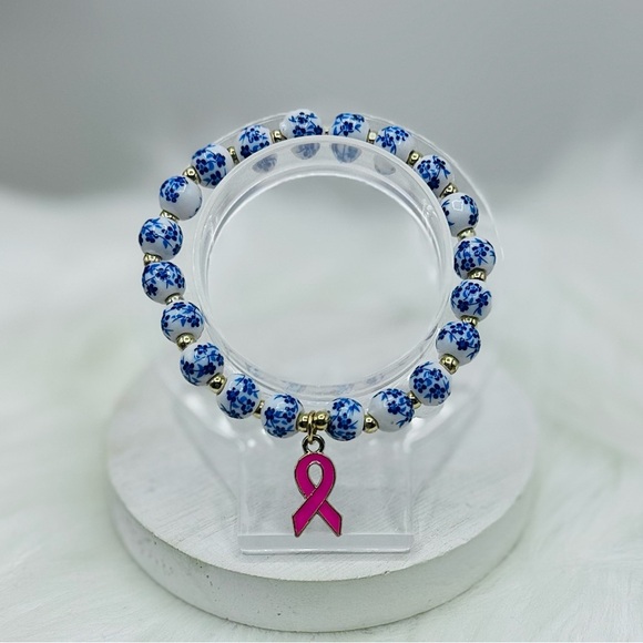 Chinese-Style Ceramic Floral Beaded Stretch Bracelet w/ Pink Breast Cancer Charm - Picture 5 of 5